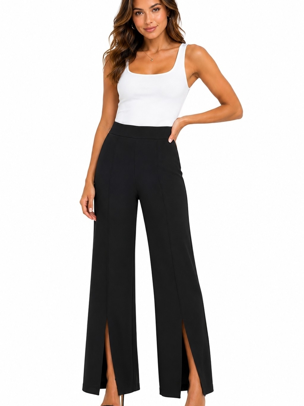 Boston Proper Pullon High-Waist Black Wide-Leg Slit Pants Xs